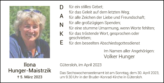 Traueranzeige von Ilona Hunger-Maistrzik von Neue Westfälische