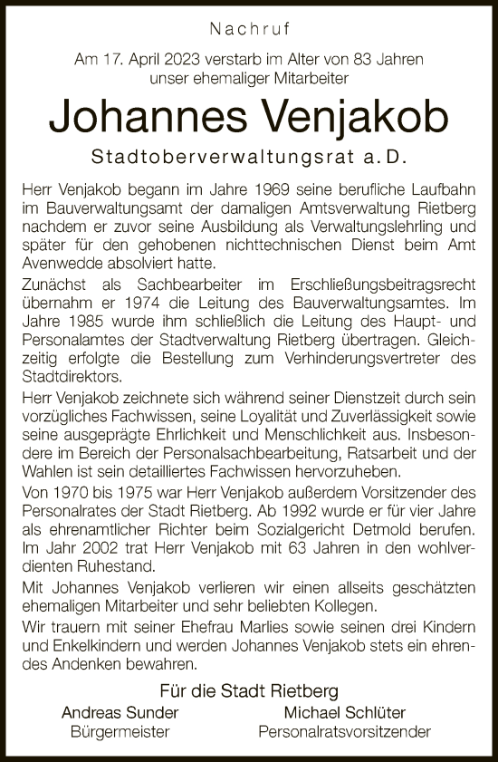 Traueranzeige von Johannes Venjakob von Neue Westfälische