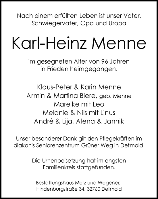 Traueranzeige von Karl-Heinz Menne von Neue Westfälische