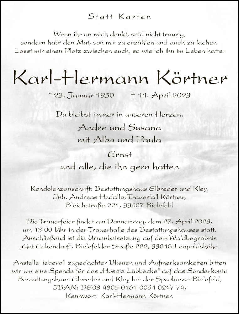  Traueranzeige für Karl-Hermann Körtner vom 22.04.2023 aus Neue Westfälische