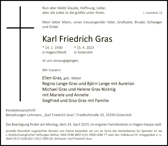 Traueranzeige von Karl Friedrich Gras von Neue Westfälische