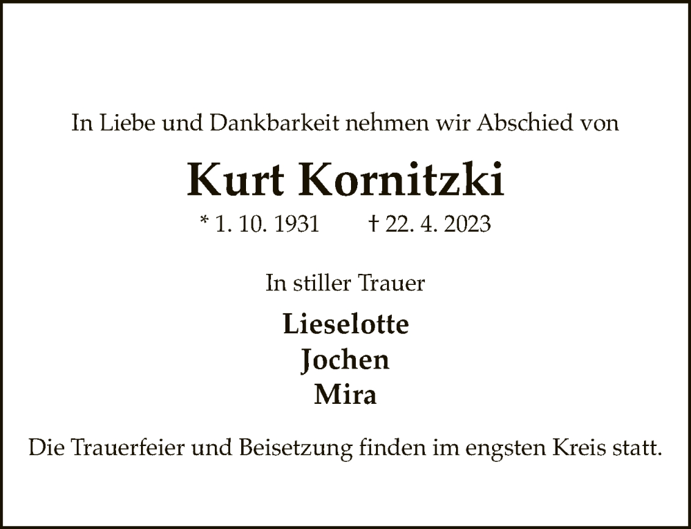  Traueranzeige für Kurt Kornitzki vom 29.04.2023 aus Neue Westfälische