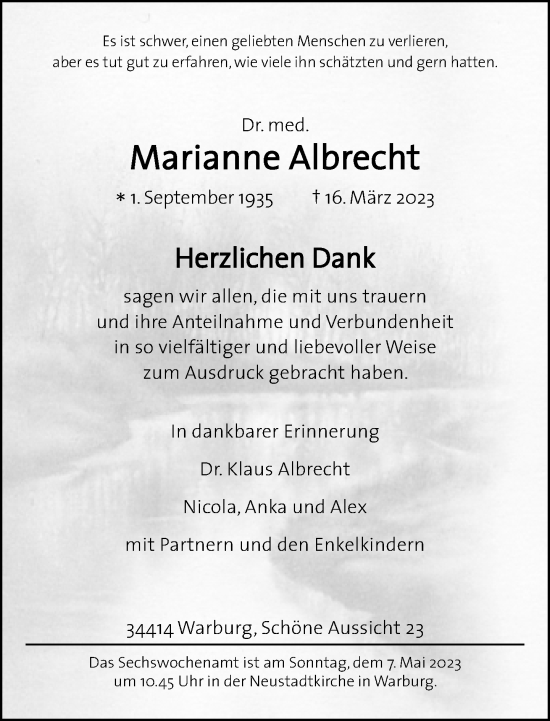 Traueranzeige von Marianne Albrecht von Neue Westfälische