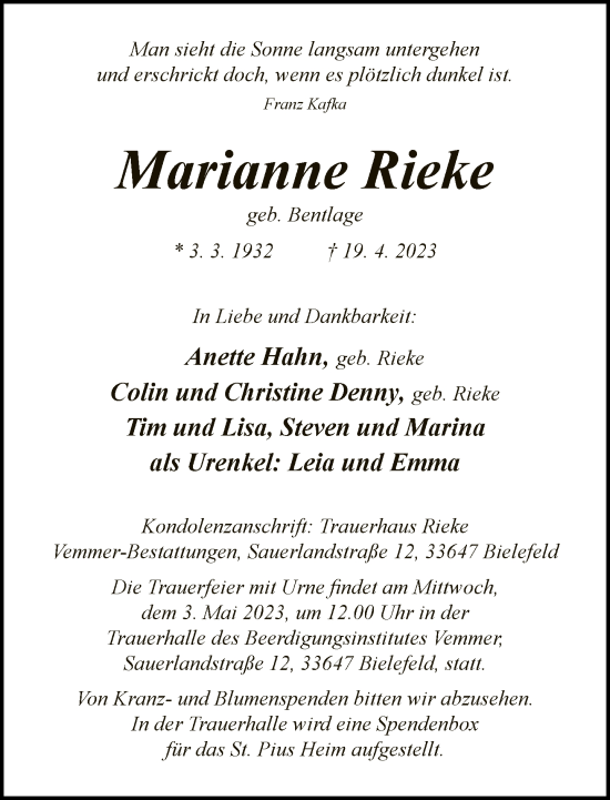 Traueranzeige von Marianne Rieke von Neue Westfälische