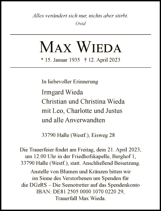 Traueranzeige von Max Wieda von Neue Westfälische