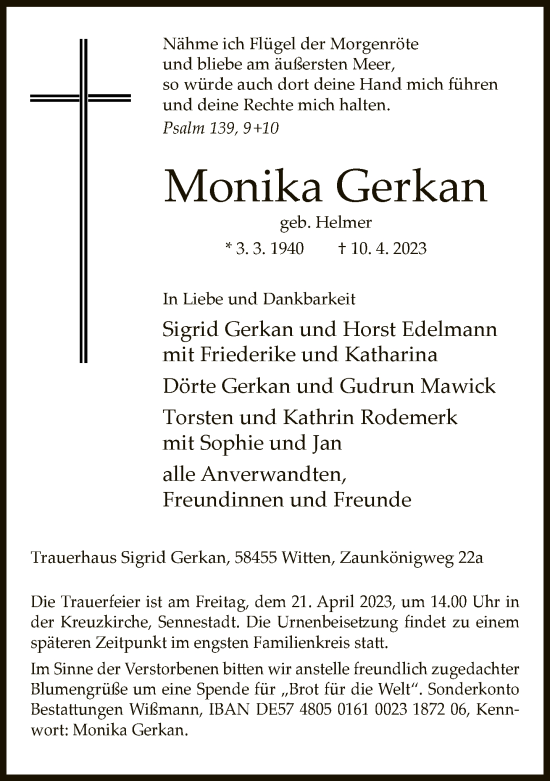 Traueranzeige von Monika Gerkan von Neue Westfälische