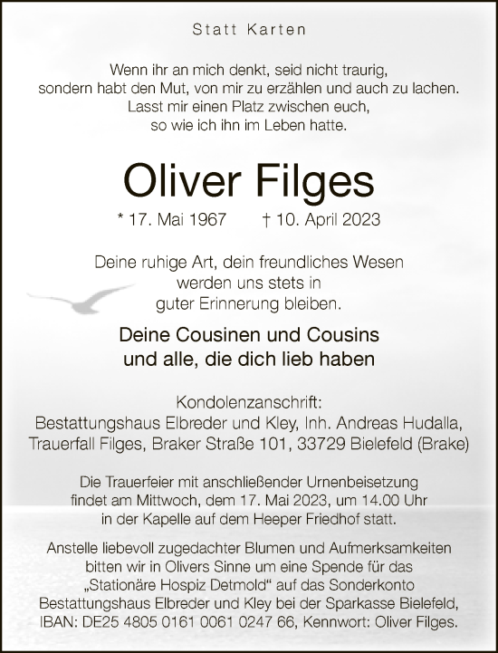 Traueranzeige von Oliver Filges von Neue Westfälische