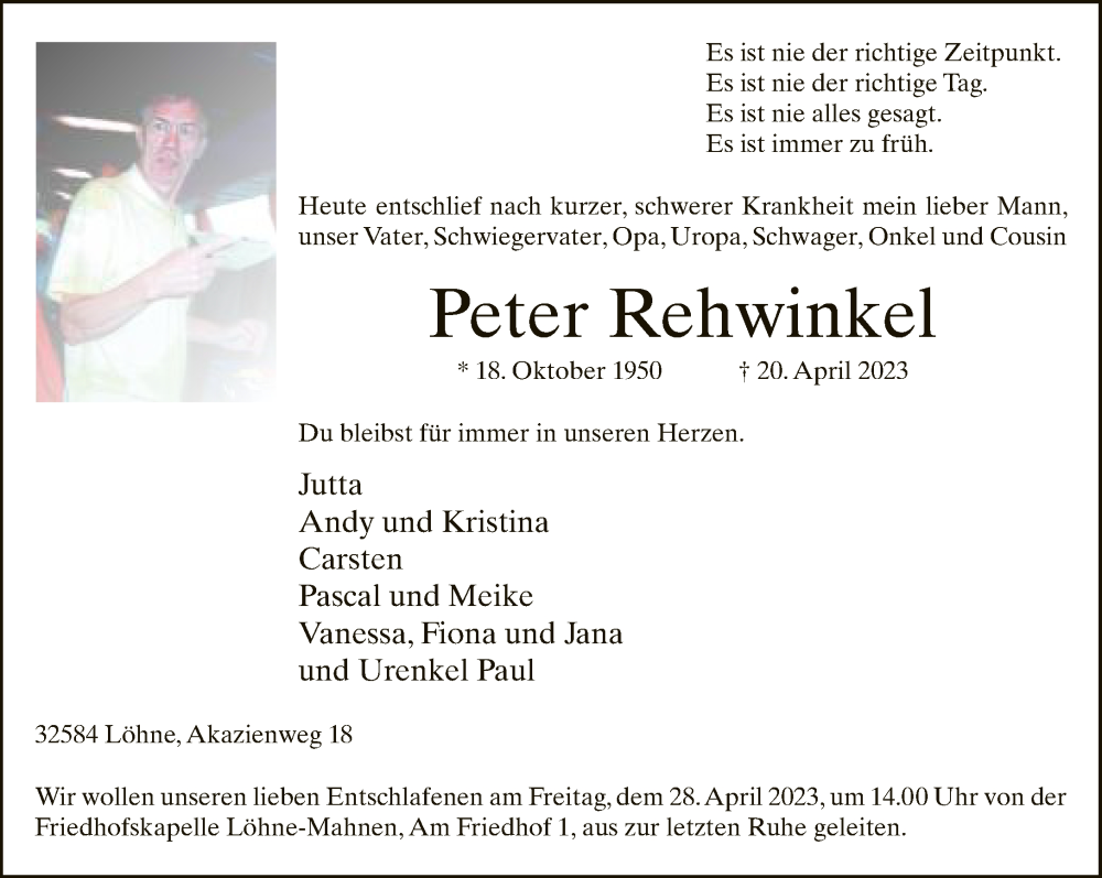  Traueranzeige für Peter Rehwinkel vom 22.04.2023 aus Neue Westfälische
