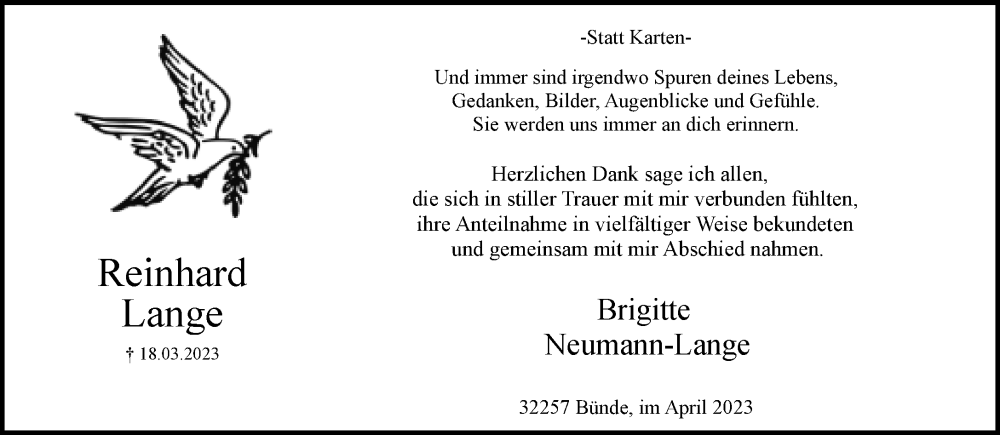  Traueranzeige für Reinhard Lange vom 22.04.2023 aus Neue Westfälische