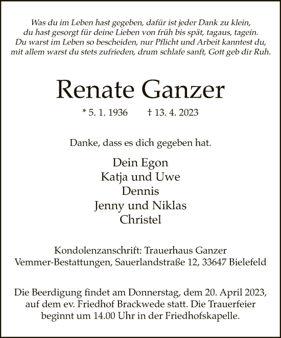 Traueranzeige von Renate Ganzer von Neue Westfälische