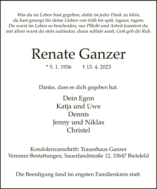 Traueranzeige von Renate Ganzer von Neue Westfälische