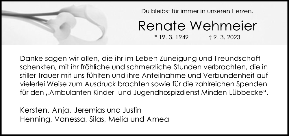  Traueranzeige für Renate Wehmeier vom 07.04.2023 aus Neue Westfälische