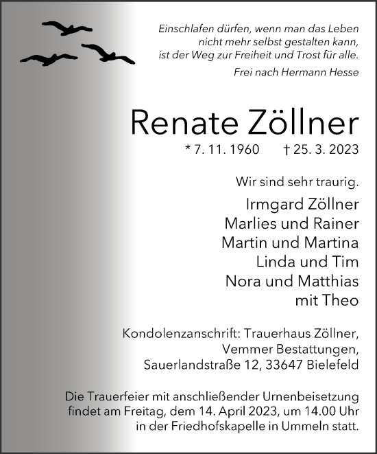 Traueranzeige von Renate Zöllner von Neue Westfälische
