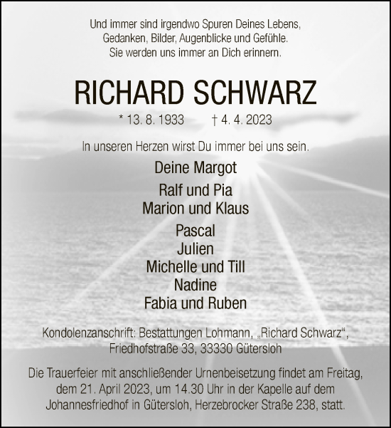 Traueranzeige von Richard Schwarz von Neue Westfälische
