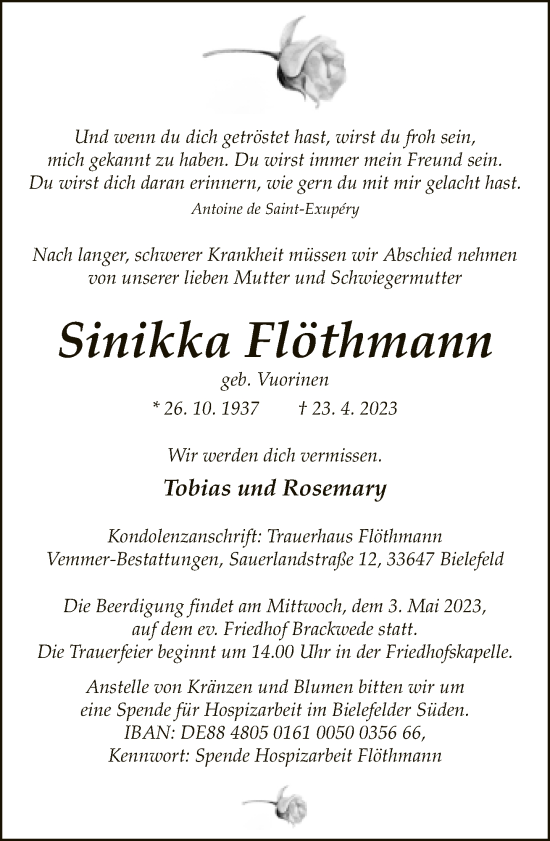 Traueranzeige von Sinikka Flöthmann von Neue Westfälische