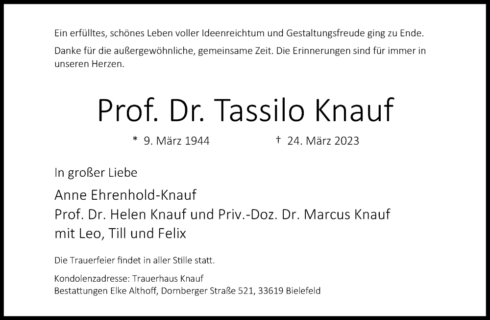  Traueranzeige für Tassilo Knauf vom 01.04.2023 aus Neue Westfälische