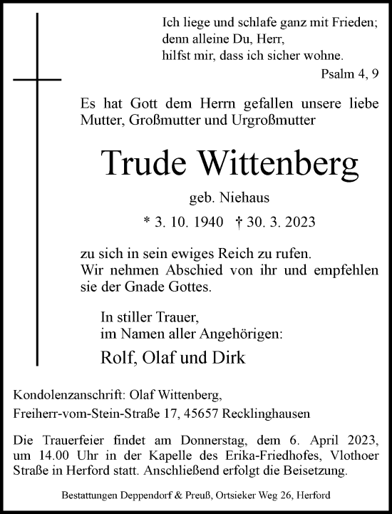 Traueranzeige von Trude Wittenberg von Neue Westfälische
