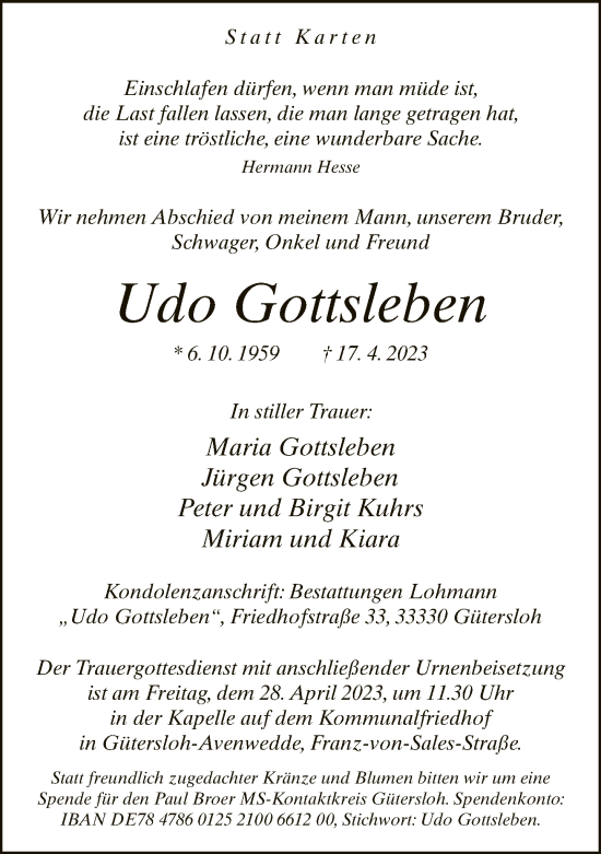 Traueranzeige von Udo Gottsleben von Neue Westfälische