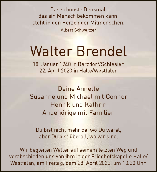 Traueranzeige von Walter Brendel von Neue Westfälische