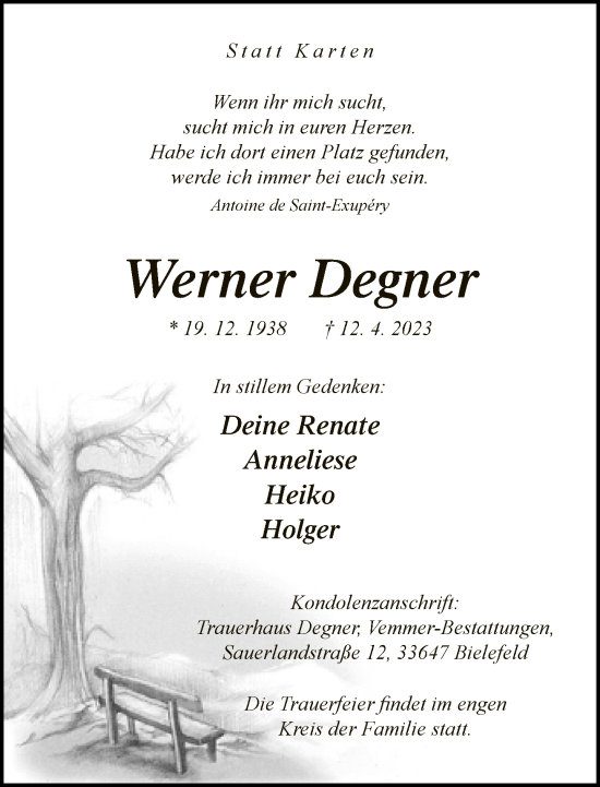 Traueranzeige von Werner Degner von Neue Westfälische