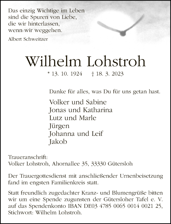 Traueranzeige von Wilhelm Lohstroh von Neue Westfälische