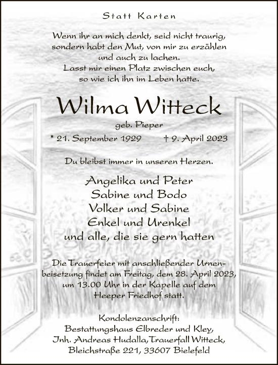 Traueranzeige von Wilma Witteck von Neue Westfälische