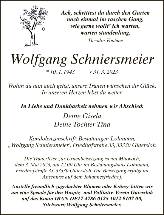 Traueranzeige von Wolfgang Schniersmeier von Neue Westfälische