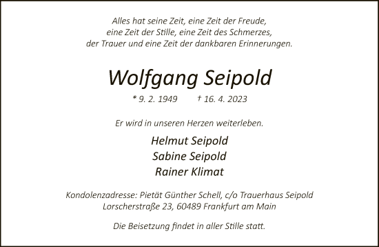 Traueranzeige von Wolfgang Seipold von Neue Westfälische