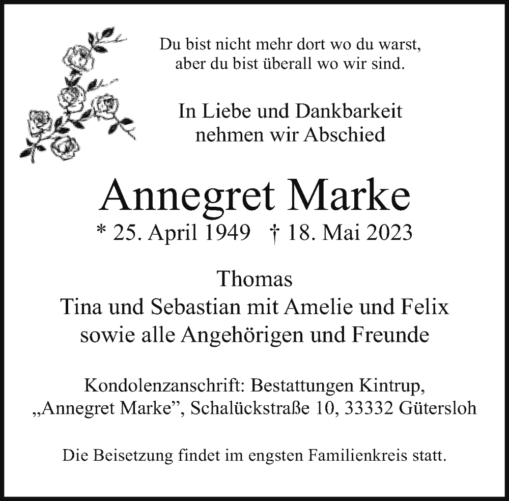  Traueranzeige für Annegret Marke vom 23.05.2023 aus Neue Westfälische