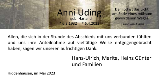 Traueranzeige von Anni Uding von Neue Westfälische