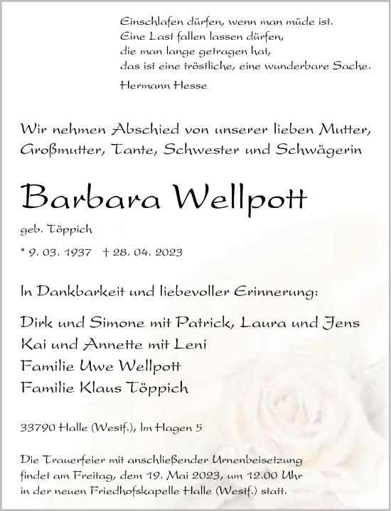 Traueranzeige von Barbara Wellpott von Neue Westfälische