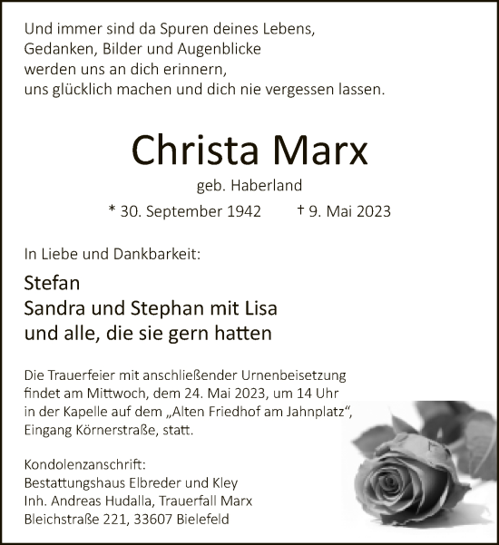 Traueranzeige von Christa Marx von Neue Westfälische