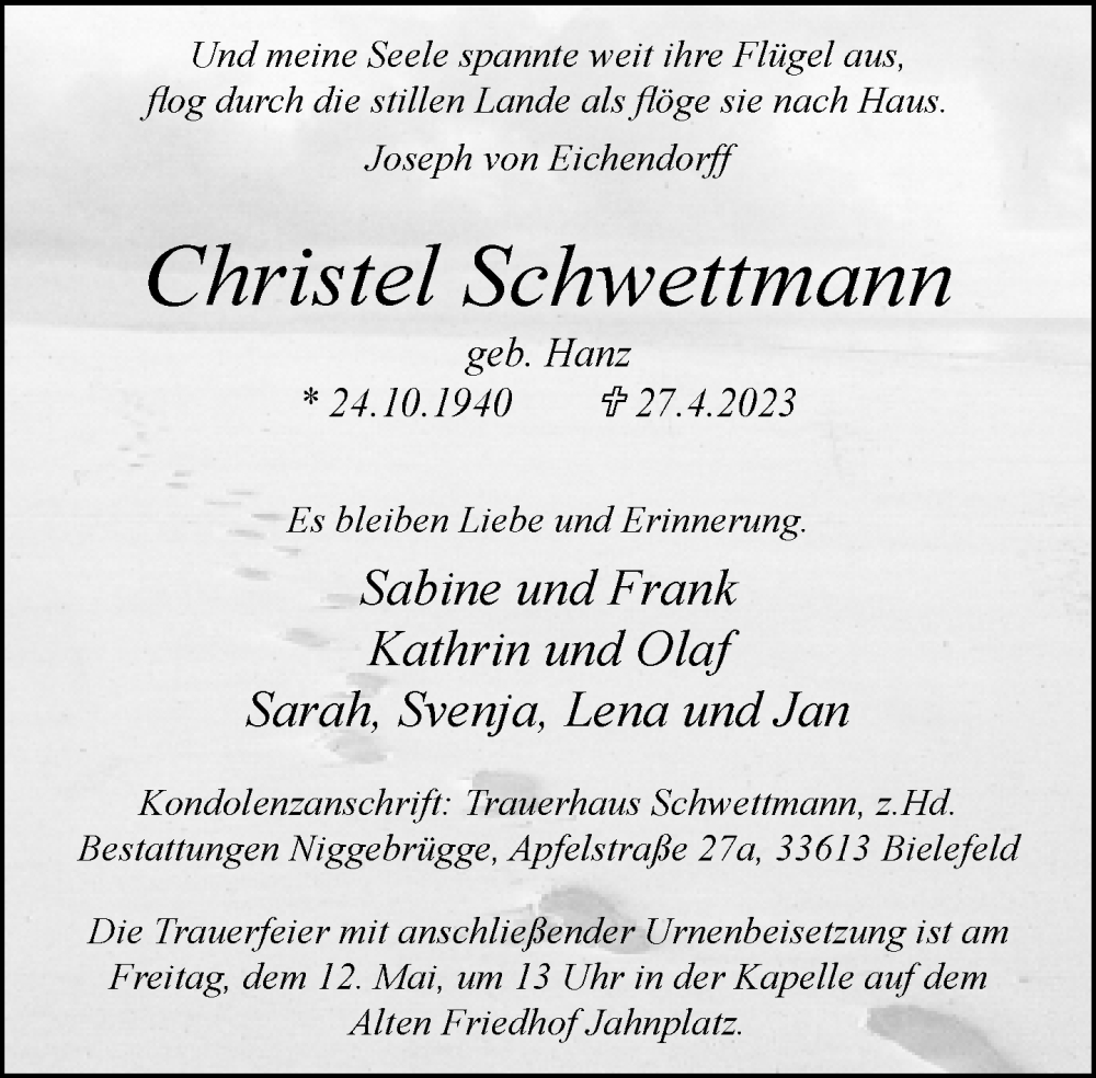  Traueranzeige für Christel Schwettmann vom 06.05.2023 aus Neue Westfälische