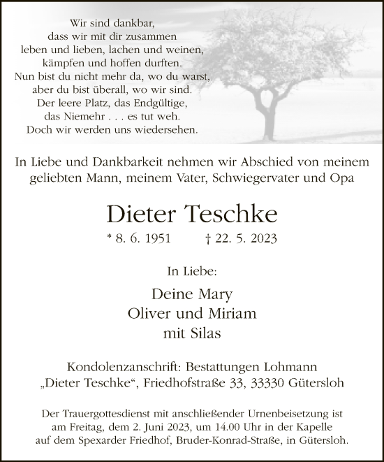 Traueranzeige von Dieter Teschke von Neue Westfälische