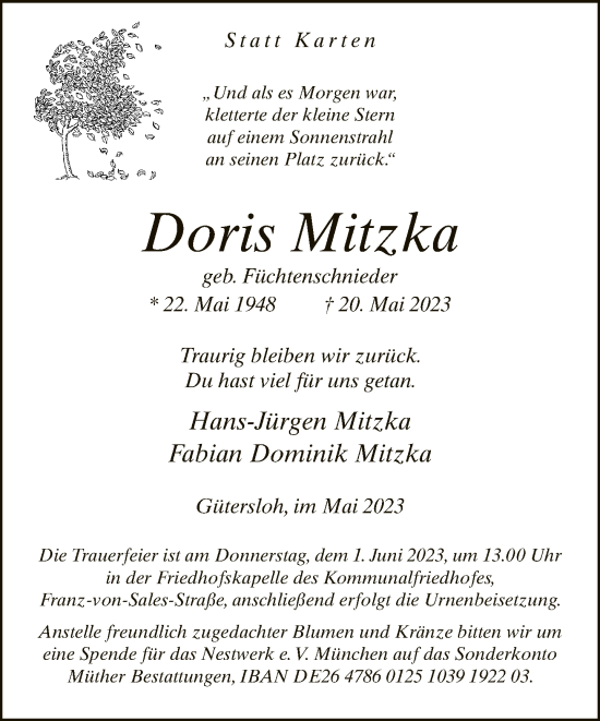 Traueranzeige von Doris Mitzka von Neue Westfälische