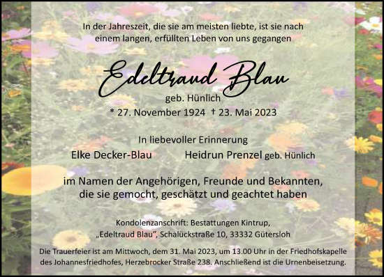 Traueranzeige von Edeltraud Blau von Neue Westfälische