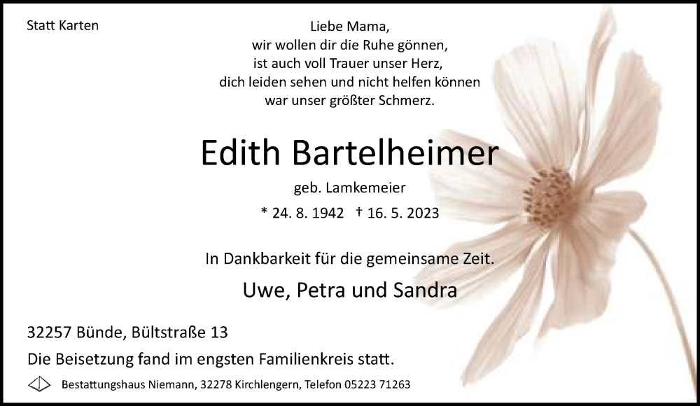  Traueranzeige für Edith Bartelheimer vom 25.05.2023 aus Neue Westfälische