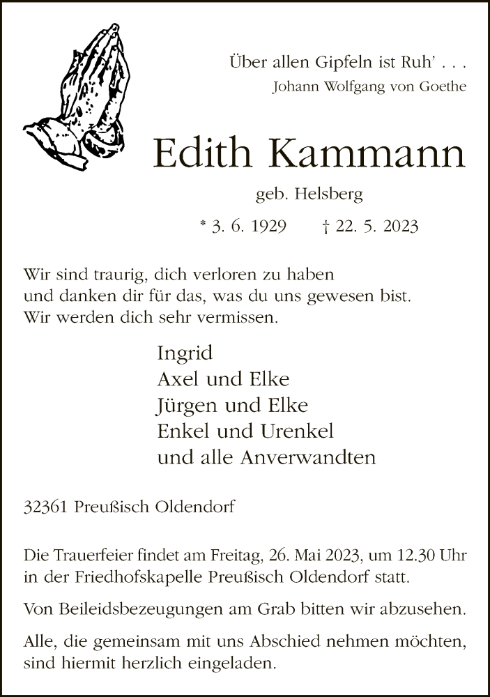  Traueranzeige für Edith Kammann vom 24.05.2023 aus Neue Westfälische