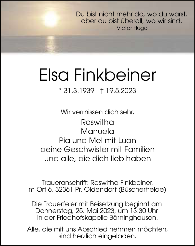  Traueranzeige für Elsa Finkbeiner vom 23.05.2023 aus Neue Westfälische