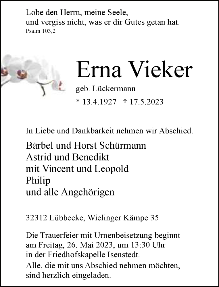  Traueranzeige für Erna Vieker vom 24.05.2023 aus Neue Westfälische