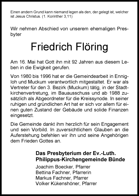 Traueranzeige von Friedrich Flöring von Neue Westfälische