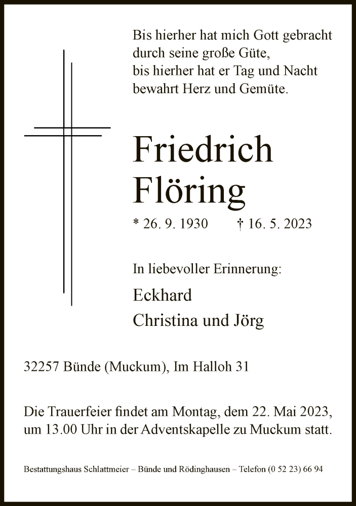  Traueranzeige für Friedrich Flöring vom 20.05.2023 aus Neue Westfälische