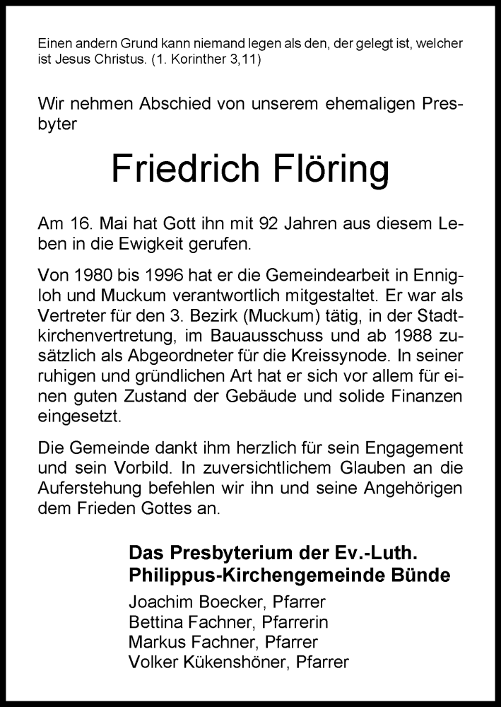  Traueranzeige für Friedrich Flöring vom 25.05.2023 aus Neue Westfälische