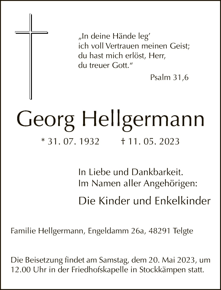  Traueranzeige für Georg Hellgermann vom 16.05.2023 aus Neue Westfälische