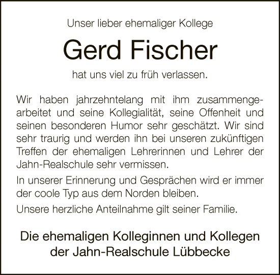 Traueranzeige von Gerd Fischer von Neue Westfälische