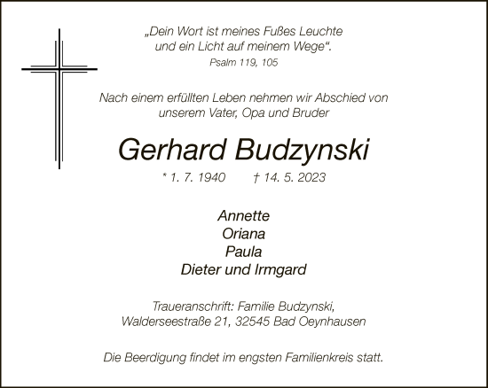 Traueranzeige von Gerhard Budzynski