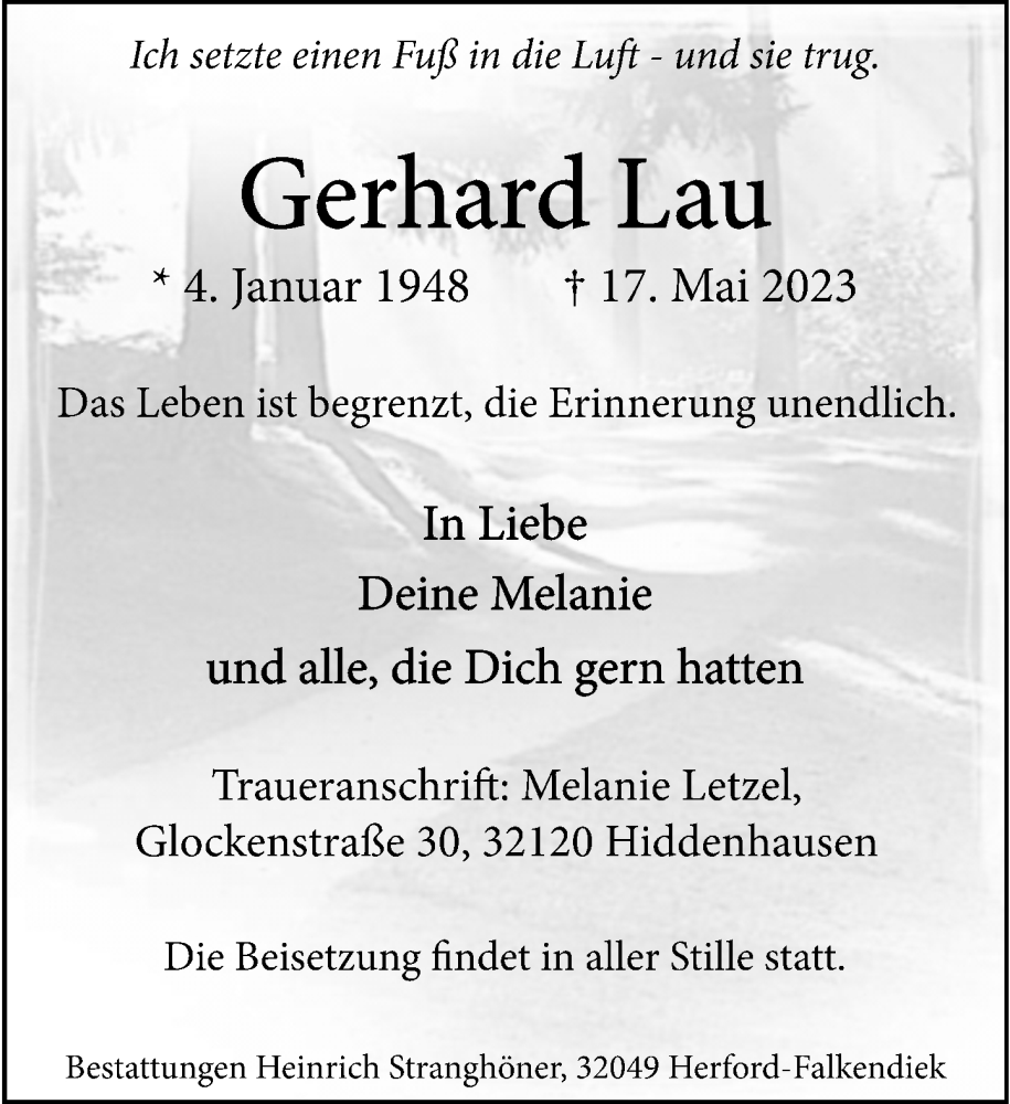  Traueranzeige für Gerhard Lau vom 20.05.2023 aus Neue Westfälische