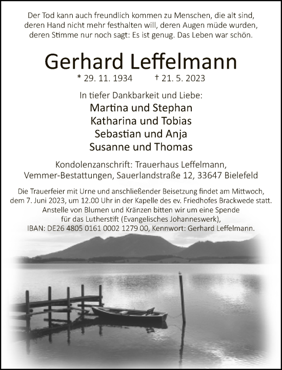Traueranzeige von Gerhard Leffelmann von Neue Westfälische