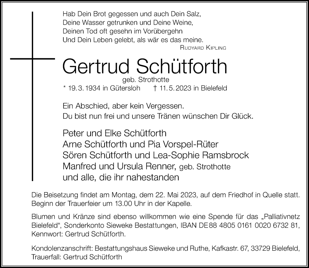  Traueranzeige für Gertrud Schütforth vom 20.05.2023 aus Neue Westfälische