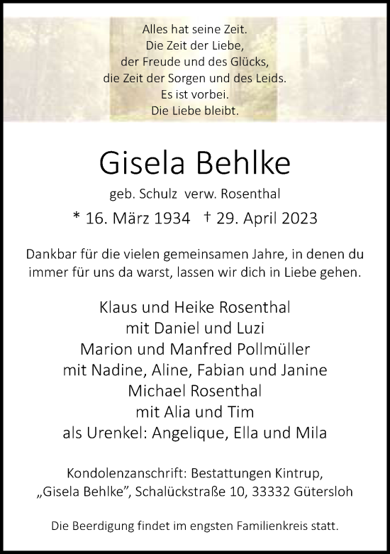 Traueranzeige von Gisela Behlke von Neue Westfälische